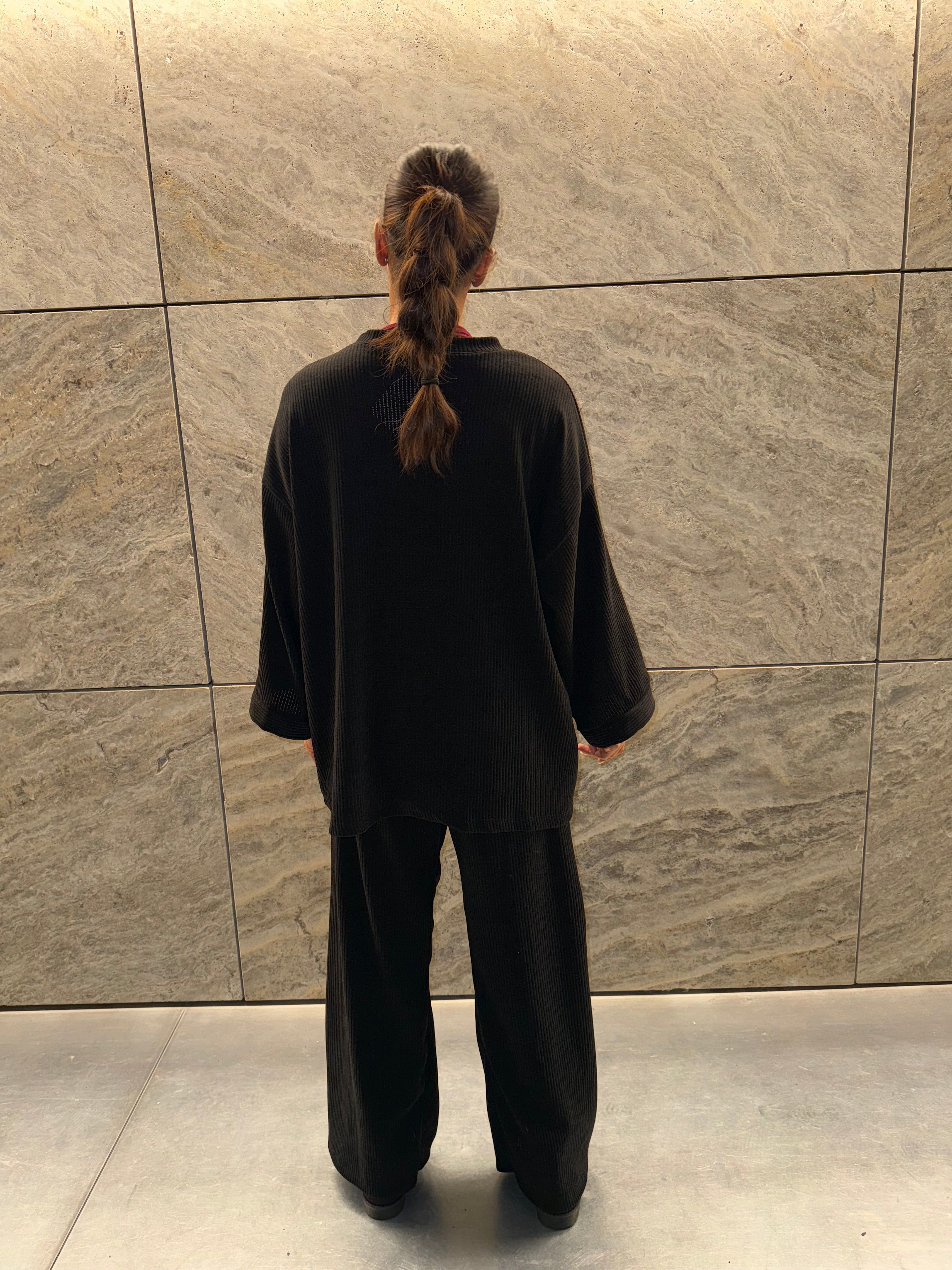 Zyra ribbed comfy winter oversized trui met broek - zwart